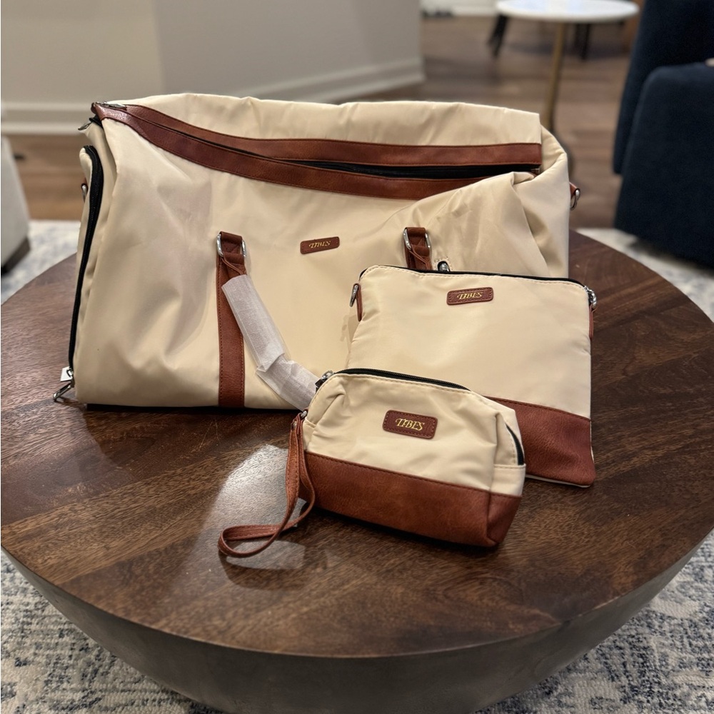 Cream and Brown  travel duffle  garment bag